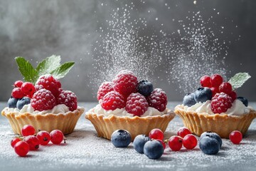 Berry tartlets topped with cream on a gray backdrop Summer fruit pastries featuring raspberries blueberries and red currants dusted with powdered sugar Focused shot