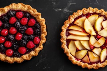 Berry and apple tarts on a dark backdrop