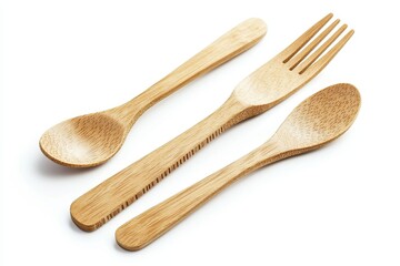 Biodegradable wooden utensils fork spoon and knife on a white background High resolution