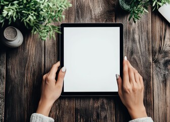 Bird s eye image of a woman at her desk with a digital tablet Mockup on a wooden surface Technology and people themes