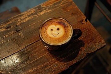Bird s eye perspective of latte art on wooden table