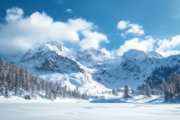 Snowy mountain range with a frozen lake in the foreground, clear blue sky with white clouds