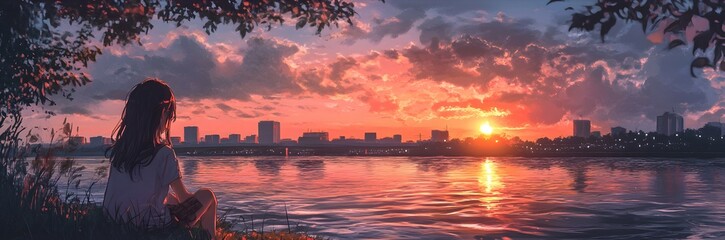 Fototapeta premium A girl sitting by the lake, gazing at the sunset, in the style of anime, in the style of cartoon