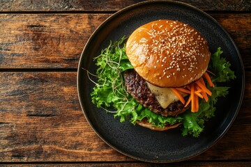 Bird s eye shot of a delicious burger with beef cheese fresh lettuce and veggies on a wooden table in daylight