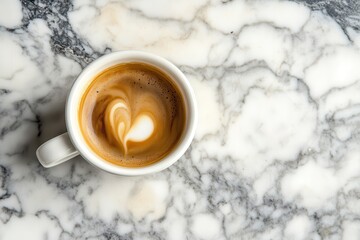 Bird s eye view of espresso in a white cup on a marble table