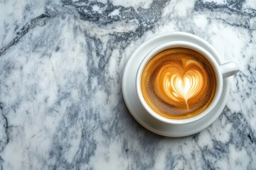 Bird s eye view of espresso in a white cup on a marble table