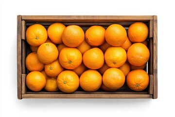 Bird s eye view of fresh oranges in a wooden box on a white background Clipping path included