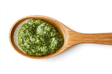 Bird s eye view of green pesto in a wooden spoon against white background