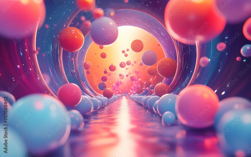 Poster a vibrant abstract representation of a tunnel filled with colorful spheres, creating a mesmerizing s