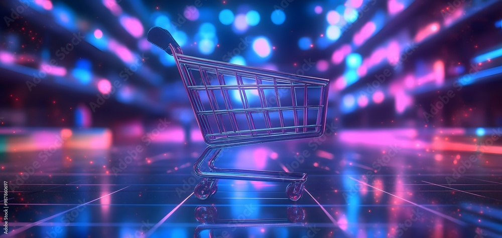 Poster a vibrant shopping cart illuminated by colorful lights, creating a dynamic and futuristic retail atm