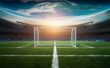 Fototapeta premium Soccer goal post on a green field in an empty stadium with a sunset and the earth in the background.