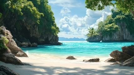 Fototapeta premium Tranquil Tropical Beach with Lush Green Cliffs and Turquoise Water