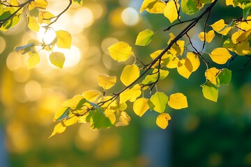 Golden leaves on a tree branch in the warm sunlight of autumn.