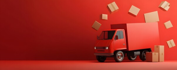 A vibrant red delivery truck surrounded by scattered boxes on a bold red background, symbolizing fast shipping and logistics.