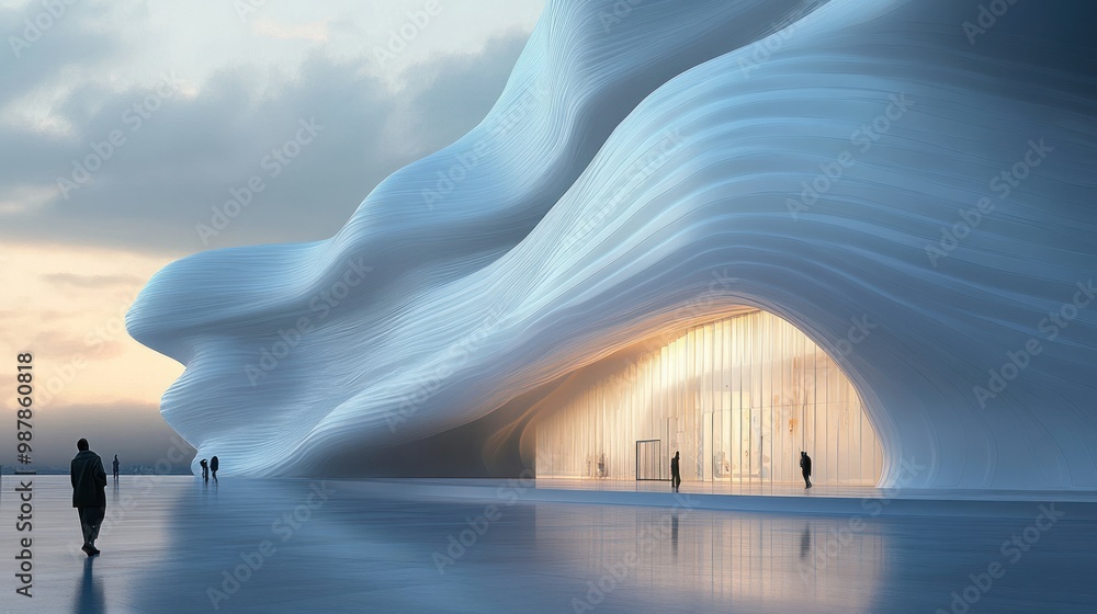 Poster A Futuristic Architectural Structure With Wavy White Walls and a Glass Entrance