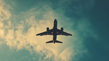 Passenger airplane flying in sky composition background