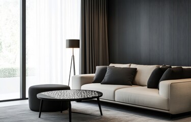 Modern living room with black and white design featuring comfortable seating and natural light