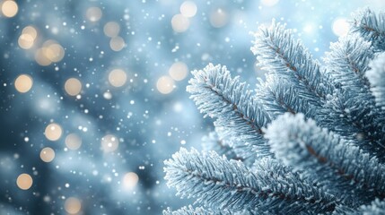 Frosted pine branches frame a serene blue background, perfect for winter and holiday themes