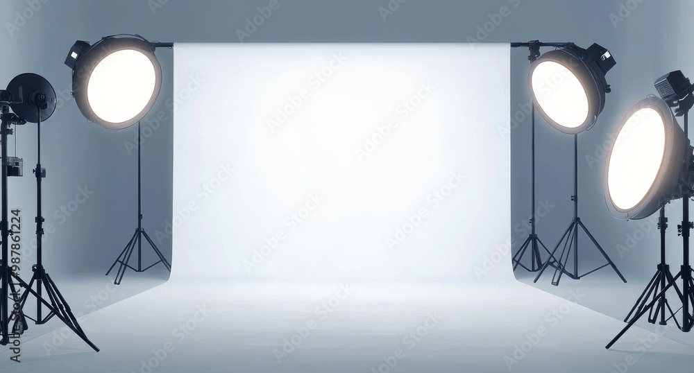 Poster a professional photography studio setup featuring multiple lights arranged around a backdrop