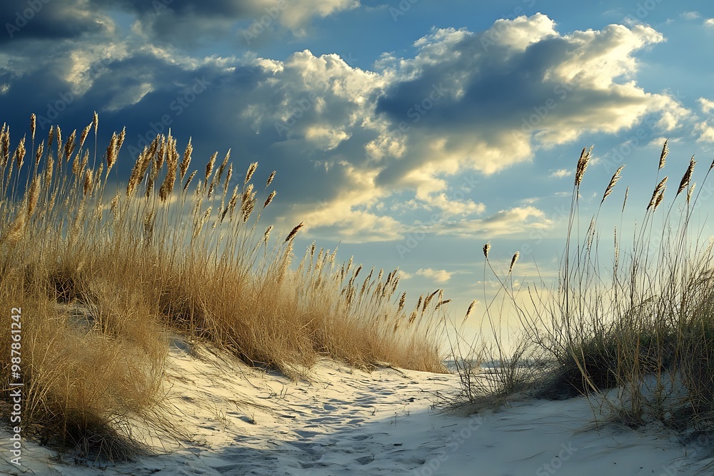 Canvas Prints Path through the dunes on the beach with blue sky and fluffy clouds