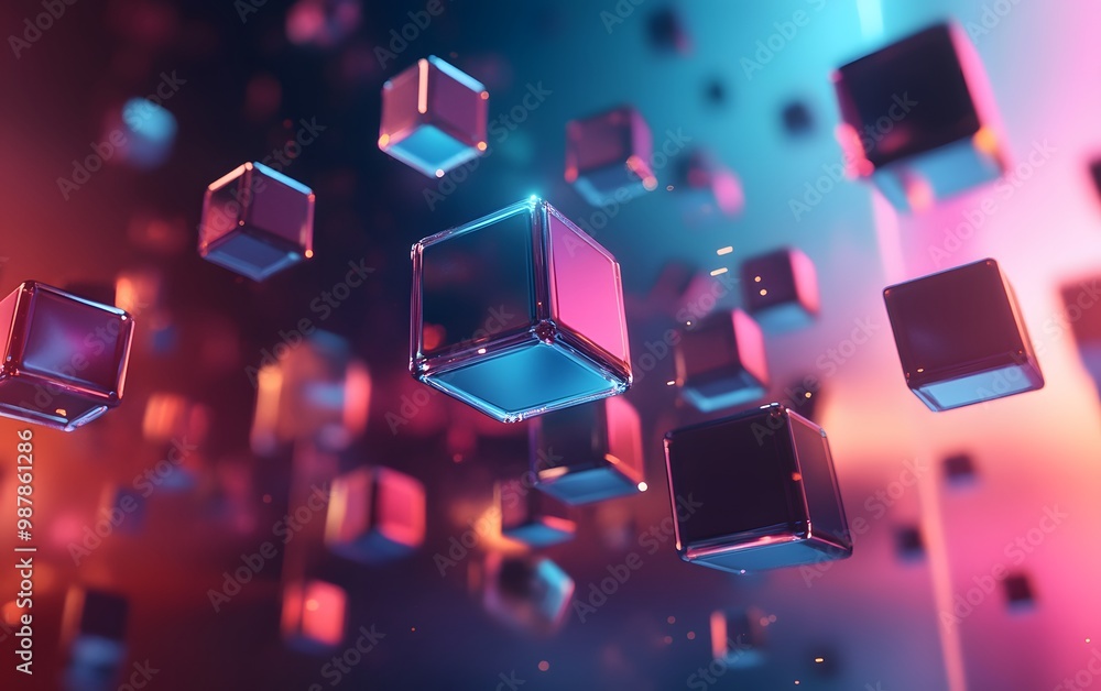 Poster vibrant 3d cubes floating in a futuristic space, blending colors of blue and pink, creating a dynami