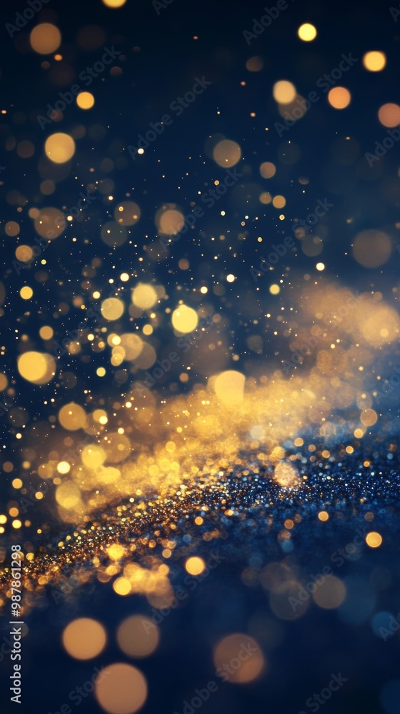 Poster glittering golden particles create a magical atmosphere in a dark setting with soft lighting
