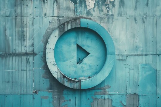 Large play button icon is embedded on a grungy concrete wall, symbolizing the concept of starting or resuming something new - Powered by Adobe