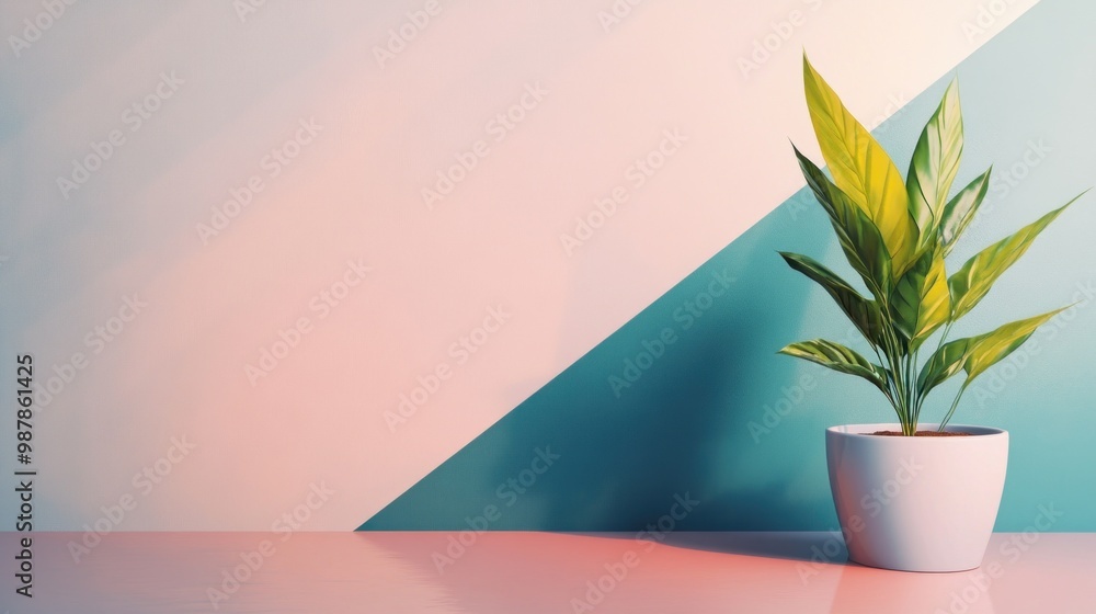 Canvas Prints A potted plant with green leaves against a pink and blue wall