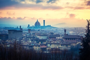 Fototapeta premium Aerial view of Florence, Italy cityscape with sunset sky and Duomo in the distance