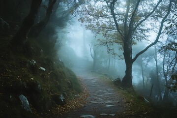 Obraz premium Mystical Foggy Forest Path with Trees and Winding Road