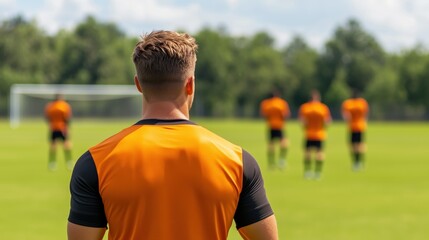 Rear view of young soccer player observing teammates during outdoor practice session on a green soccer field