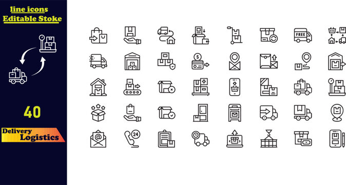 Editable stroke icon set for delivery and logistics, featuring icons for delivery, logistics, cargo, freight, shipping, order tracking, packages, and shipments.