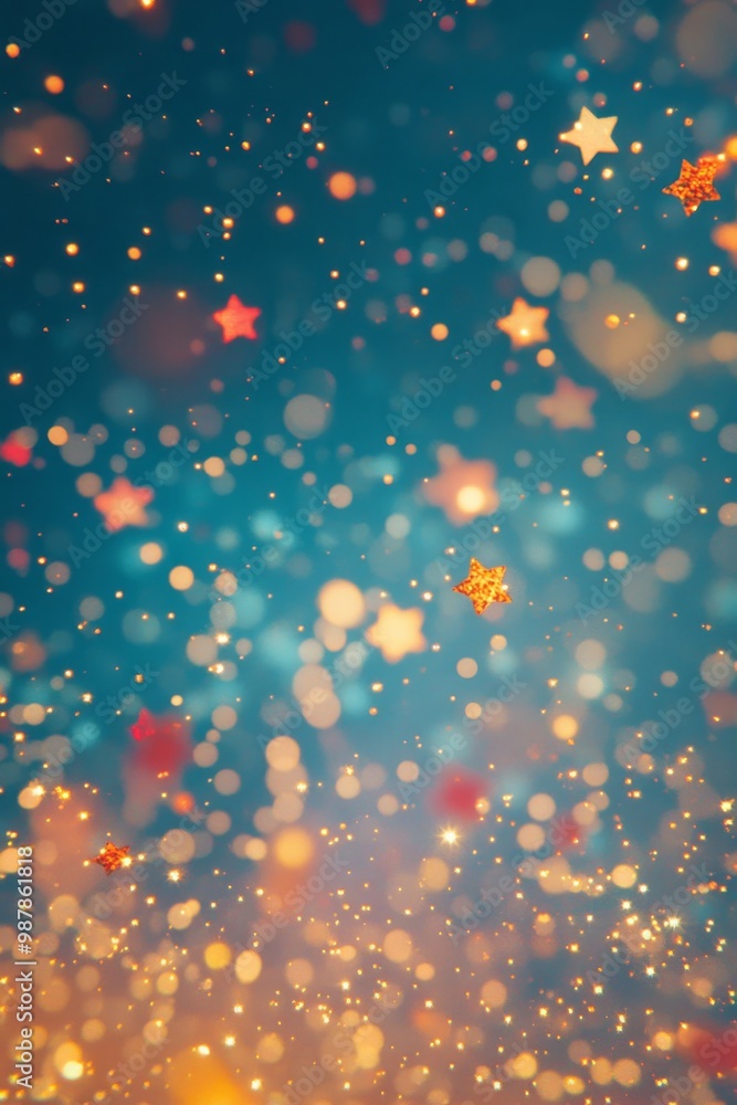 Poster sparkling bokeh lights create a vibrant atmosphere against a blue background during evening hours