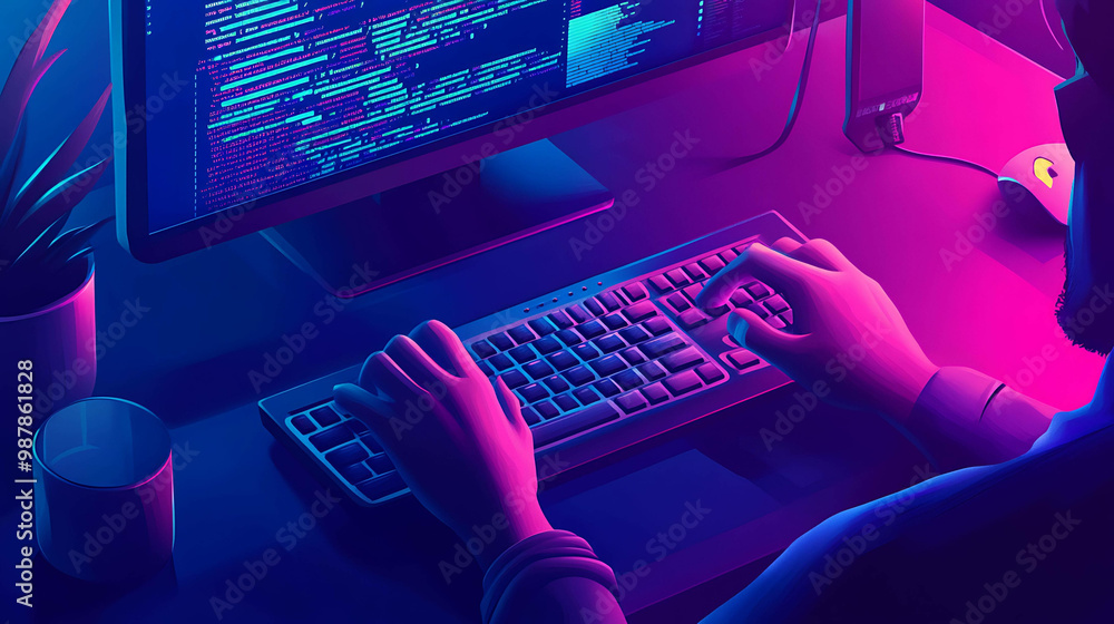 Wall mural a person is coding on a computer with a pink and blue neon glow.