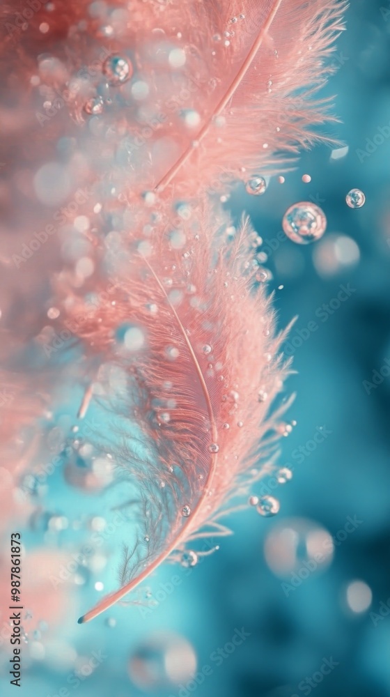 Poster soft pink feathers submerged in turquoise liquid with bubbles floating around