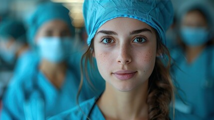 Medical Team of Nursing Students and Interns in Scrubs Standing in Hospital - Portrait