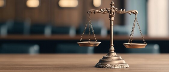 A close-up of a classic bronze scale symbolizing justice, placed on a wooden table in a formal environment.