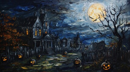 A spooky Halloween night with a haunted house, glowing jack-o'-lanterns, and a full moon lighting the eerie landscape