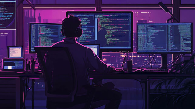 A programmer working late at night in a brightly lit office, surrounded by computer screens displaying code.