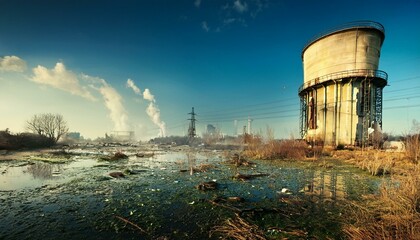 climatic problems and waste disasters; old water tower, power plant 