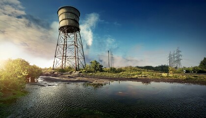 climatic problems and waste disasters; old water tower, power plant 