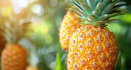 Ripe pineapple growing among green tropical leaves in a sunny garden