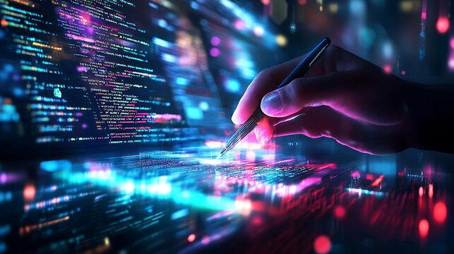 A hand hovers over a glowing computer screen, filled with code and data.