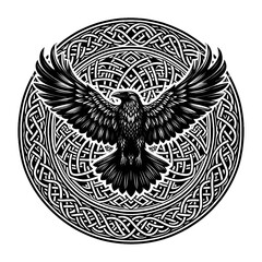 A striking raven illustration representing Odin, rendered in a detailed Celtic design. This artwork combines the mythology of the Viking Age with the intricate patterns of Celtic culture, creating a t