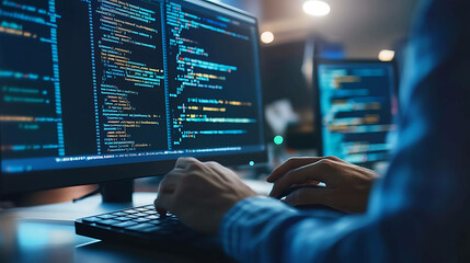 A programmer working on code in a dimly lit room.