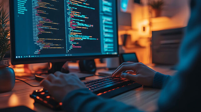 Close-up of hands typing code on a keyboard in front of a computer screen.