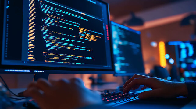 A programmer's hands typing code on a keyboard, with a computer screen displaying code in the background.