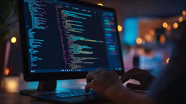 Close up of hands coding on a computer in a dark room with colorful lights in the background.