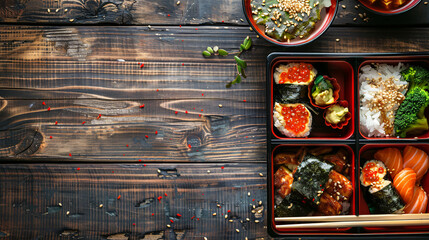 Bento boxes with miso soup compartments. Japanese garden backdrop. with space for text 