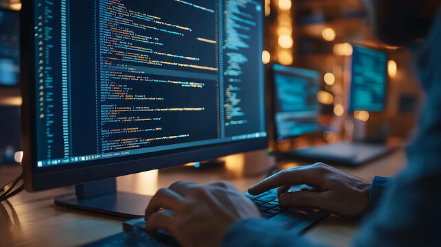 Closeup of programmer's hands typing code on a computer keyboard.
